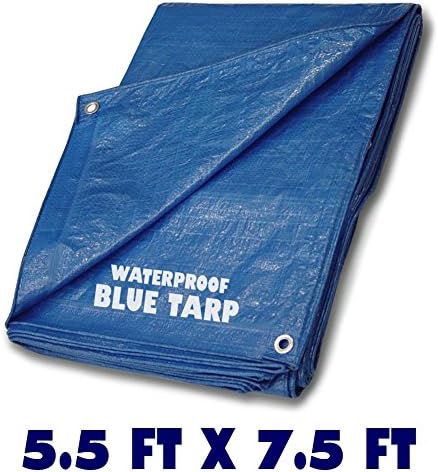 Blue Multi-purpose Waterproof Poly Tarp Cover - 5.5 ft x 7.5 ft - Light Duty Tarp - Tent Shelter Camping - Weather and Construction Tarp Cover - Water, Mildew, Tear Resistant Tarp - Aluminum Grommets