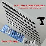 7 Pc 12" Extra Long Brad Point Drill Bits w/ Free PVC Bag 4 Pocket Hole Jig 1/8 5/32 1/4 5/16 3/8 1/2 3/8 Shank Fit Dewalt Makita Ryobi Milwaukee, Porter Cable Power Drill Battery