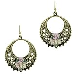 Porcelain Rose Cluster Antiqued Gold Hoops