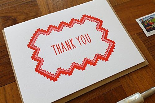 Thank You, Red and Pink Geometric Motif, Thank You Card, Letterpress Note Card, Blank Inside
