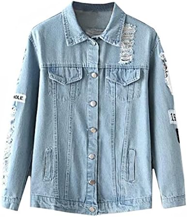 Waloneby Women's Lapel Vintage Ripped Boyfriend Denim Coat (S, Blue)