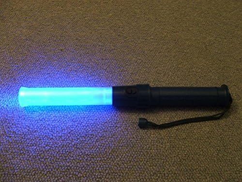 Compact 14.5 inch Traffic Safety Wand, in 3 Blue color LED with two flashing modes (Blinking and Steady-glow), matte green handle with dual buttons, using 3 C-size batteries (not included)