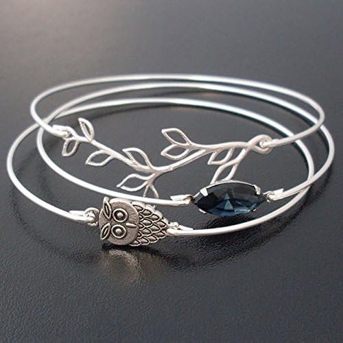 Midnight Owl Stacking Bracelet Set, 3 Silver Bangles, Nature Jewelry
