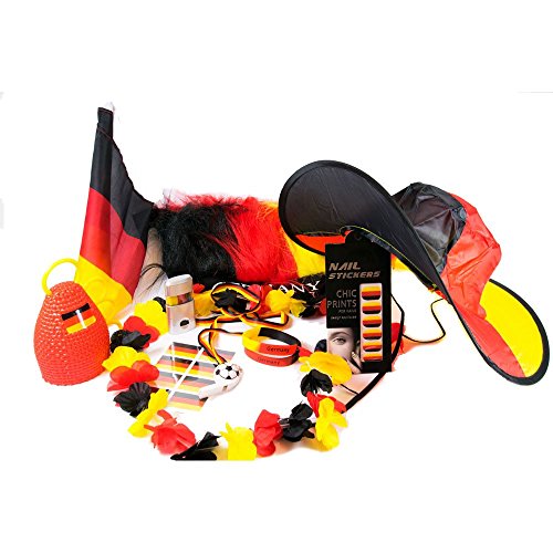 Fanartikel, Fanset Deutschland EM, WM, Fanpaket zur Europameisterschaft 2016, Schminke, Fahnen, Brille, Pfeife, Hut, Autofahne, Bandana, Tattoos, Fingernägel, Caxirola … (XXL Fanset)