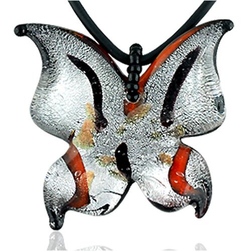 Black And Silver Butterfly Murano Glass Necklace Pendant