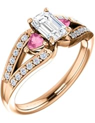 18K Rose Gold Emerald Cut Diamond and Pink Sapphire Ring -- LIFETIME WARRANTY