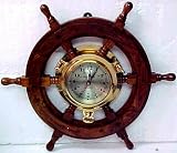 Product details for Oak Ship's Wheel Clock Brass Porthole Nautical 15
