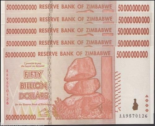 Zimbabwe 50 Billion Dollars X 5 Pieces (PCS) AA/2008, 100 Trillion Series, UNC