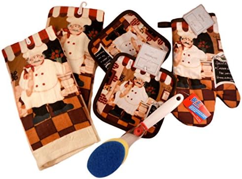 Kitchen Gift Set - Checker Board Bistro Chef - Bundle of 5 Items: 2 Dish Towels, Oven Mitt, Set of 2 Pot Holders, and Brillo Soap Dispensing Scrub Brush (Chubby Chef - Large Checkerboard)