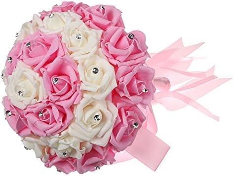 YesluckY Wedding Flowers Decoration Ivory Rose Crystal Silk Bouquet Bride Bridesmaid Flower-Girl Wand(Pink White)