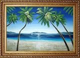 Beach with Palm Trees in Hawaii Oil Painting, with Exquisite Dark Gold Wood Frame 30.5 x 42.5 inches