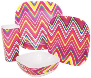 Magenta Chevron 4-piece Melanine Square Dinnerware Set. 4-piece Set * 10.5" Dinner Plate, 8.5" Salad/dessert Plate, 6.25" (Top Opening) Bowl, 3.25" (Top Opening) X 6.5" Tall Cup * Melanine * Not Microwave Safe * Dishwasher Safe in Top Rack Only. Dress up Your Table with This Fun, Colorful Chevron Print Set!