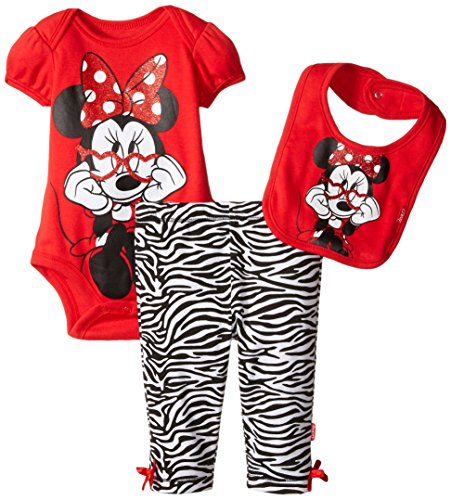 Disney Baby Girls' Girl Minnie 3 Piece Creeper Pant with Bib Set, Red, 0-3 Months