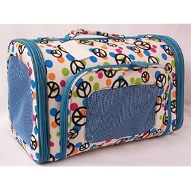 Designer Pet Carrier - Fully Enclosed Luggage Style Pet Carrier - Blue and Multi Colored Peace Signs - Large
