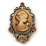 Citrine Crystal Cameo 'Regal Lady' Brooch In Antique Gold Plating