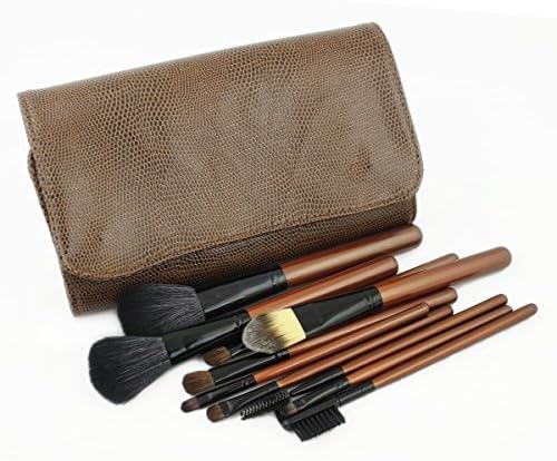 Fashion Century Lady - 10pcs Professional Cosmetics Makeup Brushes Set Kits with Snake Patterned Synthetic Leather Bag (10pcs X Brushes, Coffee)
