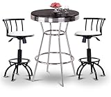 Chrome Bar Table & 2 Black Adjustable 24"-29" White Vinyl Seat Barstools