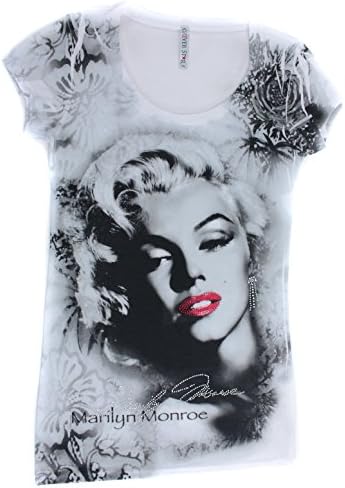 Forever Stars Women's Marilyn Monroe Bejeweled White T-shirt (Small, Red Lips Flowers)