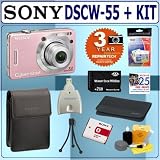 Sony Cybershot DSCW-55 7.2 MP Digital Camera (Pink) + 2GB Deluxe Accessory Kit w/3 Year Extended Warranty