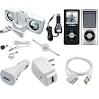 Skque Apple Ipod Nano 4G Chromatic Black Silicone Skin Case + Crystal Clear Case + FM Transmitter + Speaker System Dock + Earphone + Auxiliary Retractable Case + USB Data Cable + USB Car Charger + USB Wall Charger Bundle Kit Set