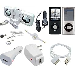 Skque Apple Ipod Nano 4G Chromatic Black Silicone Skin Case + Crystal Clear Case + FM Transmitter + Speaker System Dock + Earphone + Auxiliary Retractable Case + USB Data Cable + USB Car Charger + USB Wall Charger Bundle Kit Set