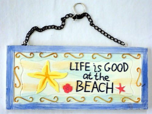 Life Is Good At the Beach - Features a Starfish - Resin Hanging Sign with Chain - 7.75" X 3.5" - Included in the Package Is a Tropical Magnet Featuring a Starfish, Sailboat Anchor and Palm Tree.