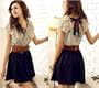Women Summer New Fashion Chiffon Dress Short-sleeve Dots Polka Waist Mini Beige+Black (small)