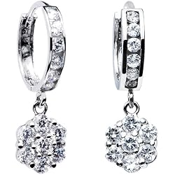14K White Gold CZ Flower Huggy Earrings
