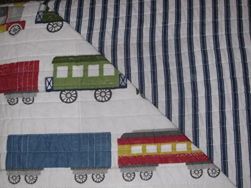 2-pc charles street REVERSIBLE TRAINS TWIN Quilt &amp; 1 ALL ABOARD train pillow (navy white stripe reverse)