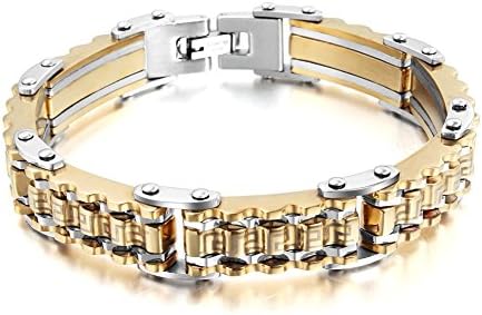 Masculine Mens 316L Stainless Steel Bike chain Bracelet With Elegant Decorative Pattern,8.7"(Golden)