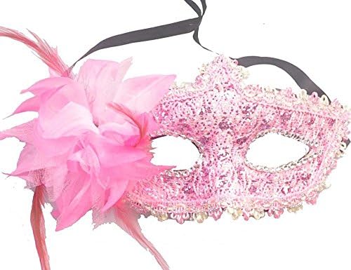 Venetian Sequin Lace Party Prom Cosplay Masquerade Costume Mask with Flower Pink