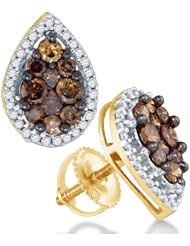 10K Yellow and White Two 2 Tone Gold Round Brilliant Cut Chocolate Brown and White Diamond - Pear Shape Halo Invisible & Channel Set Studs Earrings with Secure Screw Back Closure - (.99 cttw.)