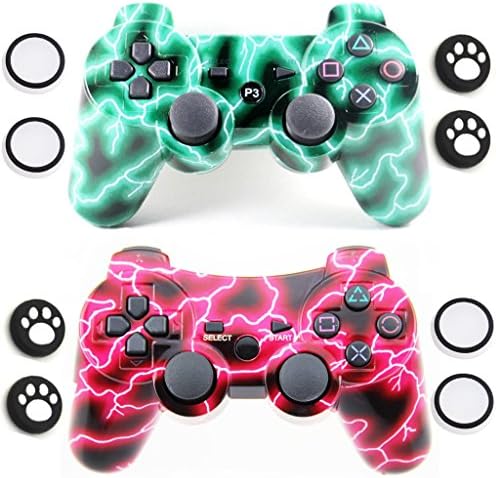 Wireless Controller for PlayStation 3 PS3 Dualshock 3 with 6-Axis 2 Pack[ 4PCS Thumb Stick Grips Caps for Free ] (Green and Red Lightning)