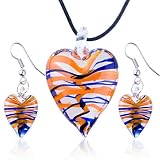 Valentines Day Jewelry Orange Blue Stripe Slender Heart Pendant Earring Set
