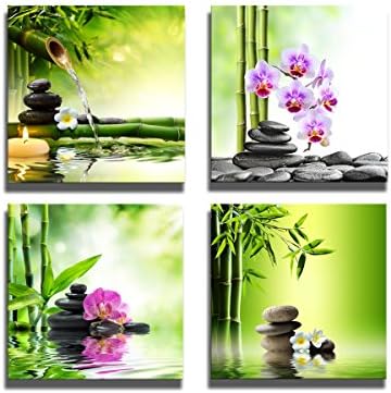 iPainting--Contemporary Art Zen Giclee Canvas Prints Orchids Stones and Bamboo Framed Canvas Wall Art for Living Room Bedroom OfficeHome Decorations 12x12inch 4pcs/set Ready to Hang