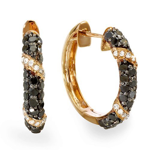 Plated 18k Rose Gold Sterling Silver Ladies Round Black and White Diamond Huggies Hoop Earrings (1.00 cttw, I-J Black color, I2-I3 Opaque quality)