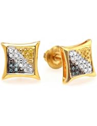 0.10 Carat (ctw) Blue, White & Yellow Round Diamond Micro Pave Setting Kite Shape Stud Earrings 1/10 CT