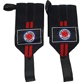 Pair of Weight Lifting Wrist Wraps. Elasticated Power Lifting Wrist Support Bandage. Red/Black Straps