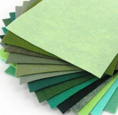 15 Sheets Squares Green Colors Collection Wool Felt Sheets Great for Die Cutting Crafting, Sewing Merino Wool blend Felt Sheets ( 6" X 6" Squares)