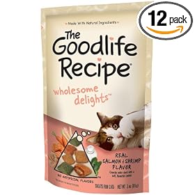 The Goodlife Recipe Wholesome Delights Salmon & Shrimp Flavor Treats for Cats, 3-Ounce Pouches (Pack of 12)