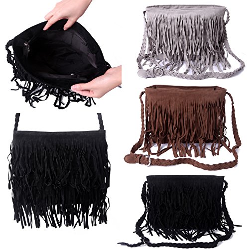 HDE Suede Fringe Handbag Tassel Boho Crossbody Carryall Tote Messenger Purse