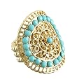 Matte Gold Plated Fashion Stretch Ring with Blue Stones in Center For Women - One Size Fits most