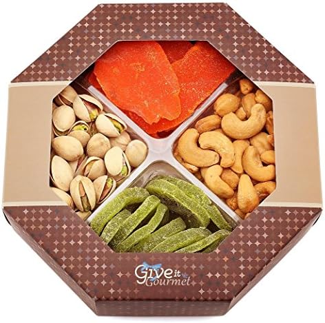 GIVE IT GOURMET, Assorted Dried Fruits and Nuts Gift Basket (4 Section) - Variety of Delicious Dry Mango, Kiwi, Roasted Salted Pistachios, Cashews - | Medium Healthy Gift Tray