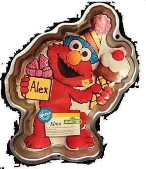Good Wilton Elmo Cake Pan 2105-4298 Features Elmo Holding an Ice Cream Cone and a Birthday Gift Where a Name Can Be Customized for the Birthday Boy or Girl