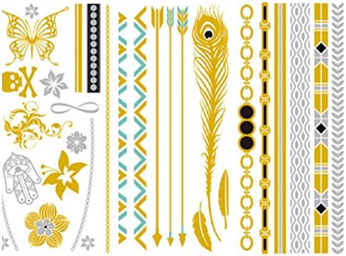 10 Premium Sheets of Metallic Gold, Silver, Turquoise, Pink and Multi-Color, Multi Design Temporary Flash Tattoos
