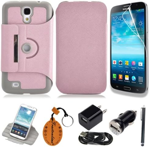 (TRAIT) 7in1 Pink 360 Degree Rotating PU Leather Cover Wallet Folio Case Protective Skin With Stand For Samsung Galaxy Mega 6.3 I9200 Cases Covers + Car Charger + Wall Charger Adaptor + USB Cable + Screen Protector + Cleaning Cloth + Touch Screen Pen