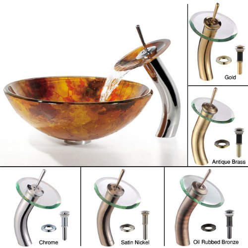 Kraus C-GV-421-12mm-10ORB Amber Glass Vessel Sink and Waterfall Faucet, Oil Rubbed Bronze