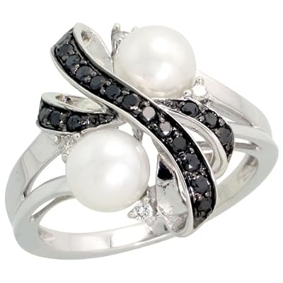 14k White Gold Ribbon Diamond Ring, w/ 0.30 Carat Brilliant Cut White & Black Diamonds & 6mm White Pearls, 3/4