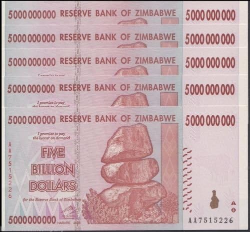 Zimbabwe 5 Billion Dollars X 5 Pieces (PCS), 2008, 50 & 100 Trillion Series, UNC