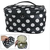 Woman White Polka Dots Black Cosmetic Makeup Hand Bag